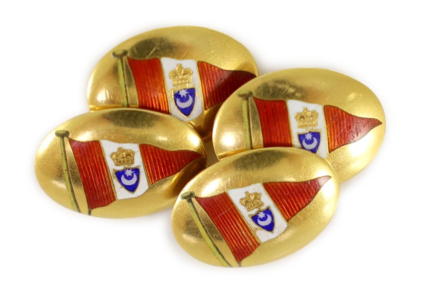 A pair of late Victorian 18ct gold and polychrome enamel oval cufflinks, decorated with the Royal Portsmouth Yacht Club pennant